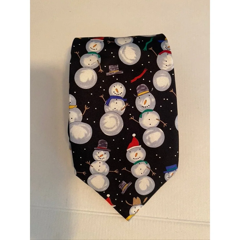 Save the Children Silk Tie Snowman Heaven Christmas Holiday Black Necktie